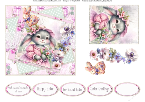 Pastel Easter 5: Pretty Pink Bunny 6 x 6 Card Front with Topper, Decoupage Embellishments &  Sentiments
