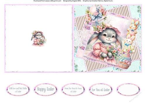 Pastel Easter 6: Pink Easter Bonnet Bunny 5 x 5 Quick Cut & Fold Card with Sentiments