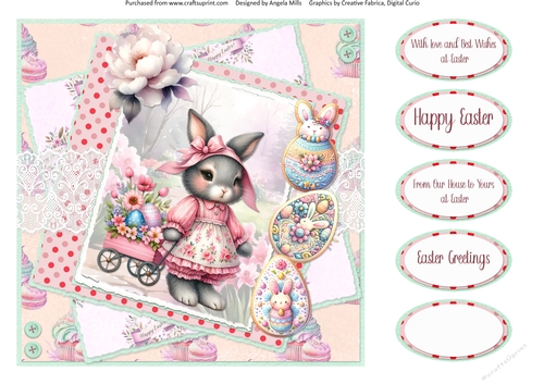 Pastel Easter 7: Easter Bunny with Floral Cart 8 x 8 Quick Card Front with Sentiments