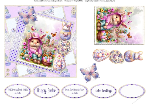 Pastel Easter 11: Garden Bunny 6 x 6 Card Front with Topper, Decoupage Embellishments and Sentiments