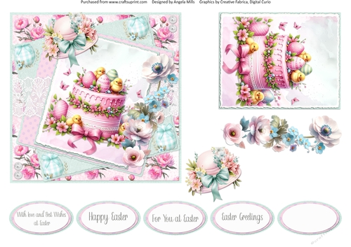 Pastel Easter 14: Easter Cake/Bonnet 6 x 6 Card Front with Topper, Decoupage & Sentiments