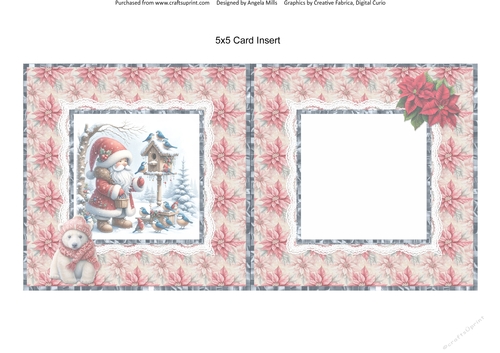 Santa Gnomes 6 5x5 Card Insert with Pink Poinsettias Background