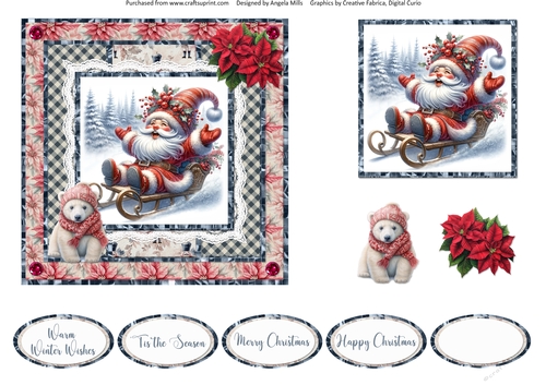 Santa Gnomes 8: 6 x 6 Card Front with Topper, Decoupage & Sentiments