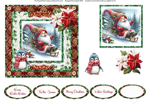 Santa Gnomes 11: 6 x 6 Card Front with Topper, Decoupage & Sentiments