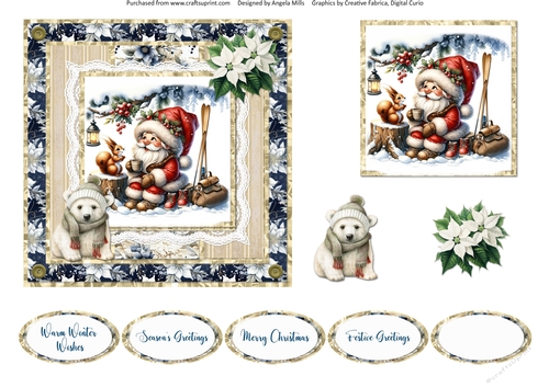 Santa Gnomes 14: 6 x 6 Card Front with Topper, Decoupage & Sentiments