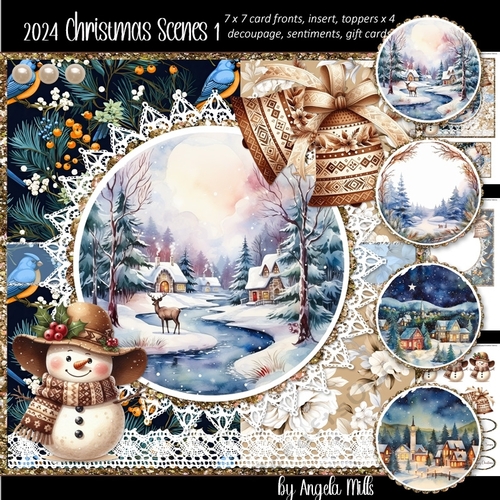 2024 Christmas Scenes 1 with Snowman and Bells 7 x 7 Card Mini-Kit, 6 Sheets