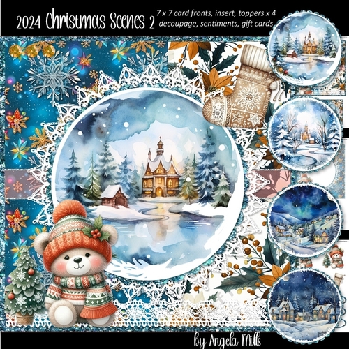 2024 Christmas Scenes 2 with Cute Bear and Boho Stocking 7 x 7 Card Mini-Kit, 6 Sheets