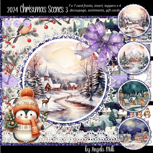 2024 Christmas Scenes 3 with Cute Penguin and Lilac Bow 7 x 7 Card Mini-Kit, 6 Sheets