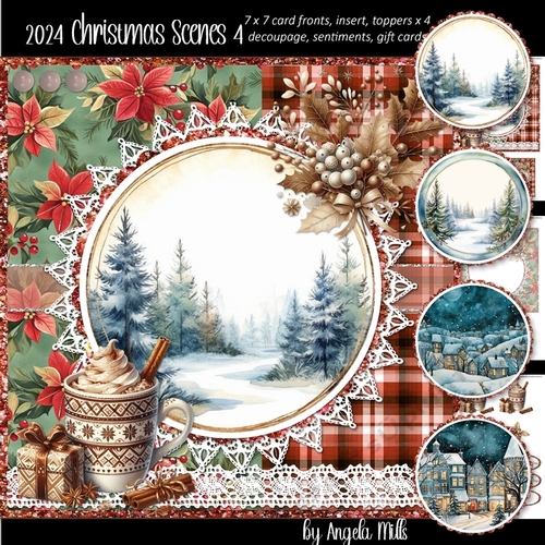2024 Christmas Scenes 4 with Christmas Treats & Gold Holly Berries 7 x 7 Card Mini-Kit, 6 Sheets