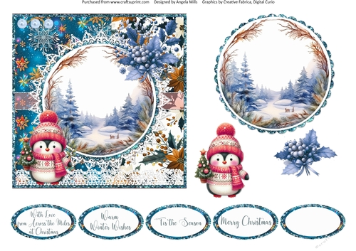 2024 Christmas Scenes 5: Penguin & Holly 6 x 6 Card Front with Topper, Decoupage & Sentiments
