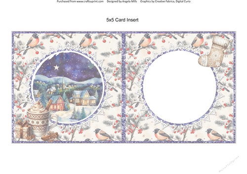 2024 Christmas Scenes 6: Christmas Treats & Stocking 5 x 5 Card Insert with Ivory/Peach Winter Birds Background