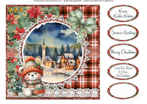 2024 Christmas Scenes 7:  Teddy Bear & Bow 8 x 8 Quick Card Front with Sentiments