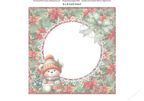 2024 Christmas Scenes 7:  Teddy Bear & Bow 8 x 8 Card Insert with Green/Red Poinsettias Background