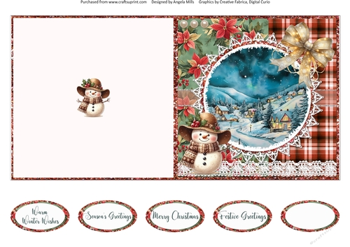 2024 Christmas Scenes 9: Boho Snowman & Bow 5 x 5 Quick Cut & Fold Card with Sentiments