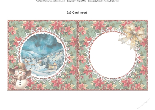 2024 Christmas Scenes 9: Boho Snowman & Bow 5 x 5 Card Insert with Green/Red Poinsettias Background