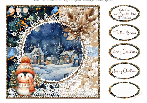 2024 Christmas Scenes 10: Penguin & Holly 8 x 8 Quick Card Front with Sentiments