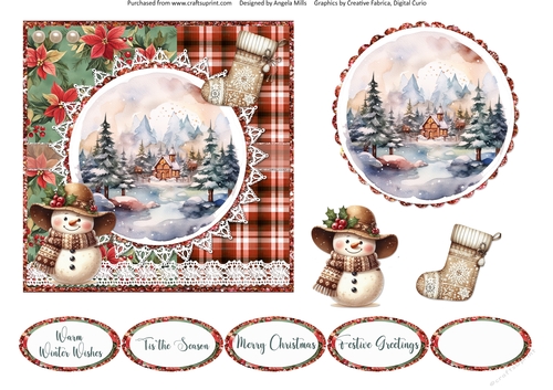 2024 Christmas Scenes 11: Boho Snowman & Stocking 6 x 6 Card Front with Topper, Decoupage & Sentiments