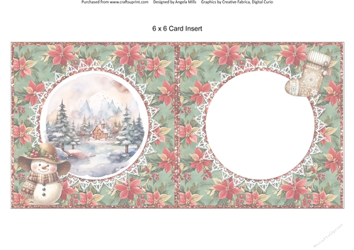 2024 Christmas Scenes 11: Boho Snowman & Stocking 6 x 6 Card Insert with Green/Red Poinsettias Background