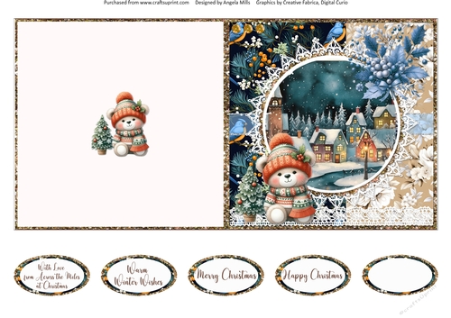 2024 Christmas Scenes 12: Teddy & Holly 5 x 5 Quick Cut & Fold Card with Sentiments