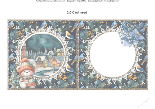 2024 Christmas Scenes 12: Teddy & Holly 5 x 5 Quick Cut & Fold Card Insert with Midnight Blue Winter Birds Background