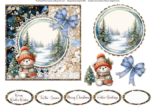 2024 Christmas Scenes 14: Teddy & Bow 6 x 6 Card Front with Topper, Decoupage Elements & Sentiments