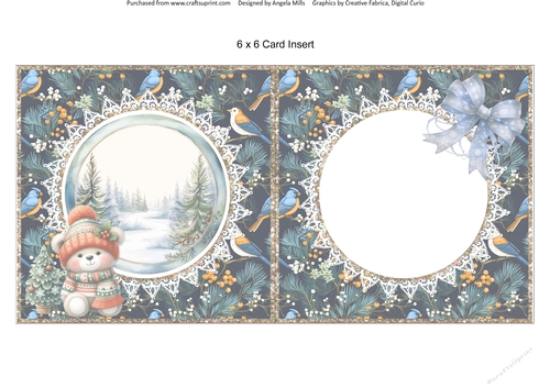 2024 Christmas Scenes 14: Teddy & Bow 6 x 6 Card Insert with Midnight Blue Winter Birds Background