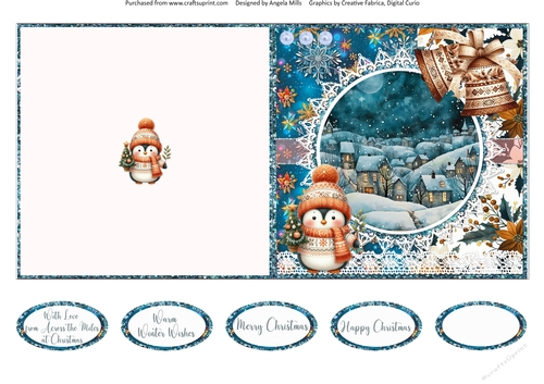 2024 Christmas Scenes 15: Penguin & Boho Bells 5 x 5 Quick Cut & Fold Card with Sentiments