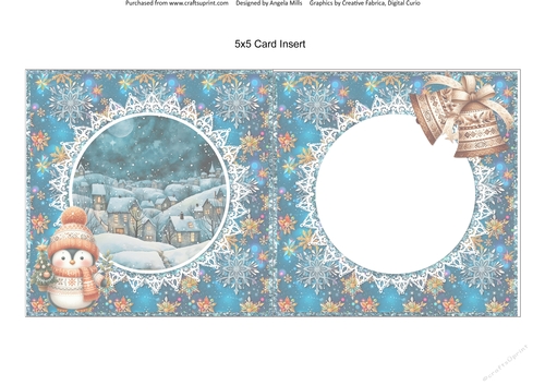 2024 Christmas Scenes 15: Penguin & Boho Bells 5 x 5 Card Insert with Teal/Orange Snowflakes Background