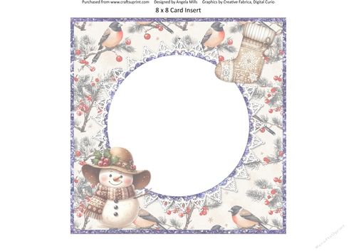 2024 Christmas Scenes 16: Boho Snowman & Stocking 8 x 8 Card Insert with Ivory Winter Birds Background