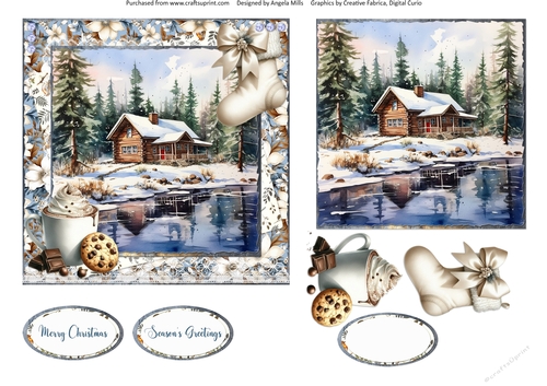 Winter Woodland 5: Snowy Cabin 6 x 6 Card Front with Topper, Decoupage & Sentiments