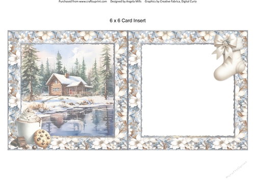 Winter Woodland 5: Snowy Cabin 6 x 6 Card Insert with Blue/Ivory Floral Background