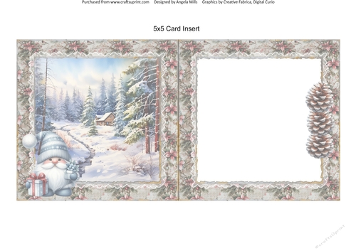 Winter Woodland 6: Snowy Cabin 5 x 5 Card Insert with Taupe & Pink Floral Background