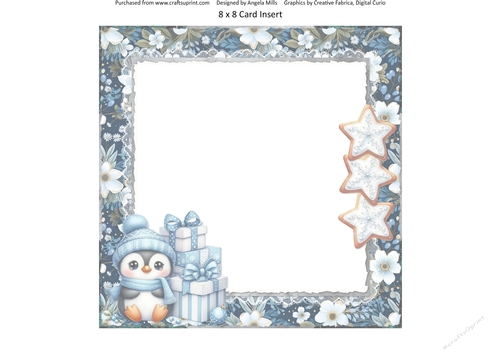 Winter Woodland 7: Cute Penguin 8 x 8 Quick Card Insert with Blue Winter Floral Background