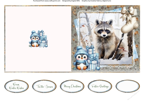 Winter Woodland 12: Raccoon 5 x 5 Quick Cut & Fold Card with Sentiments