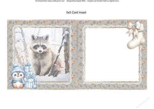 Winter Woodland 12: Raccoon 5 x 5 Card Insert with Taupe/Peach Floral Background