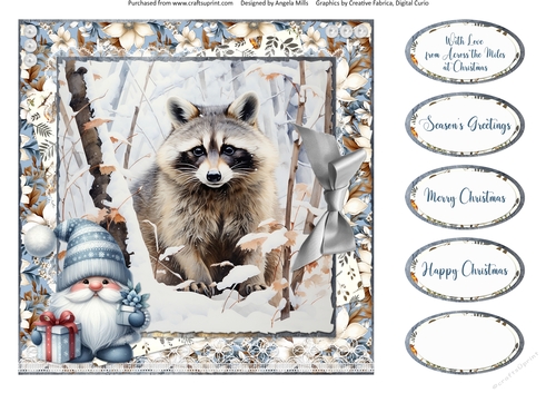Winter Woodland 13: Raccoon 8 x 8 Quick Card Front with Sentiments