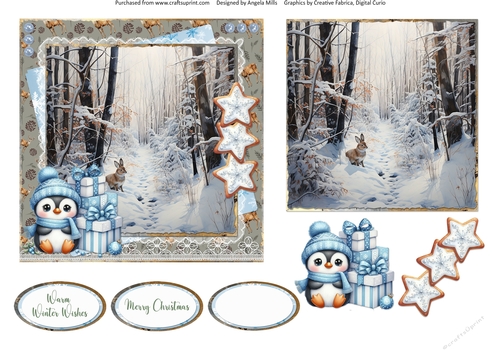 Winter Woodland 14: Snowy Rabbit 6 x 6 Card Front with Topper, Decoupage and Sentiments
