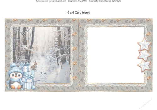 Winter Woodland 14: Snowy Rabbit 6 x 6 Card Insert with Taupe & Peach Floral Background