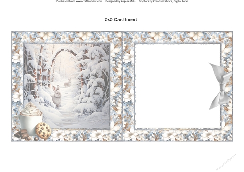Winter Woodland 15: Snowy Rabbits 5 x 5 Card Insert with Blue & Ivory Floral Background