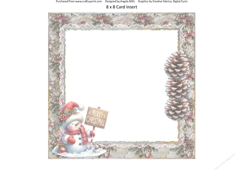 Winter Woodland 16: Cute Snowman 8 x 8 Card Insert with Taupe & Pink Floral Background