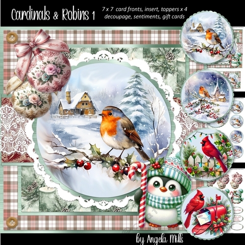 Christmas Robins & Cardinals 1: Robin & Snowy Cottage 7 x 7 Card Mini Kit, 6 A4 Sheets