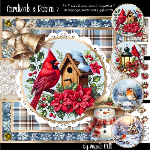 Christmas Robins & Cardinals 2: Cardinal & Poinsettia Bird House 7 x 7 Card Mini Kit, 6 A4 Sheets