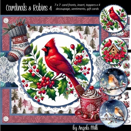 Christmas Robins & Cardinals 4: Cardinal & Holly 7 x 7 Card Mini Kit, 6 A4 Sheets