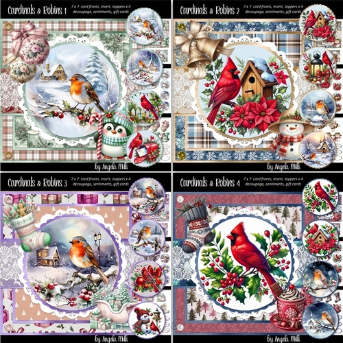 Christmas Robins & Cardinals 1 to 4 Bumper Kit; Four 7 x 7 Card Mini-Kits, 24 A4 Sheets