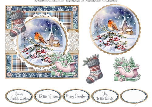Christmas Robins & Cardinals 5: Robin/Church Scene 6 x 6 Card Front with Topper, Decoupage & Sentiments