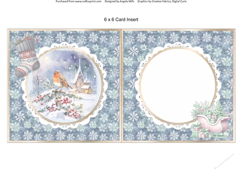 Christmas Robins & Cardinals 5: Robin/Church Scene 6 x 6 Card Insert with Blue Snowflake Background