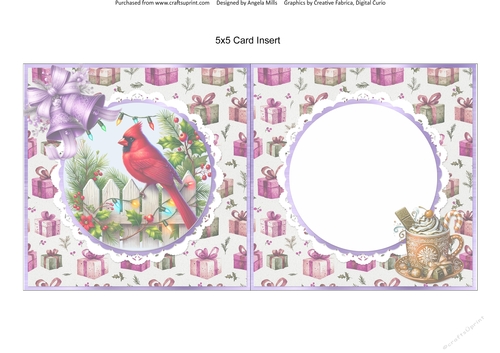 Christmas Robins & Cardinals 6: Garden Cardinal 5 x 5 Card Insert with Lilac/Peach Gift Box Background