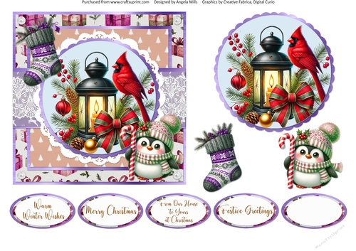 Christmas Robins & Cardinals 8: Cardinal & Lantern 6 x 6 Card Front with Topper, Decoupage & Sentiments