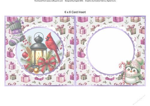 Christmas Robins & Cardinals 8: Cardinal & Lantern 6 x 6 Card Insert with Lilac Gift Boxes Background