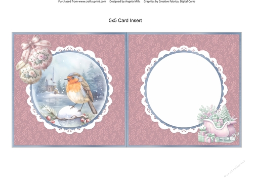 Christmas Robins & Cardinals 9: Robin in Snowy Church Scene 5 x 5 Card Insert with Burgundy Leaves Background
